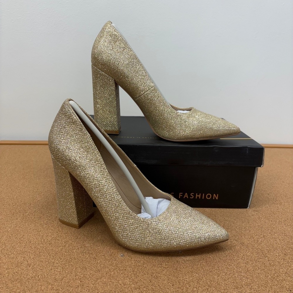 IDIFU IN4 Women 7.5 Gold Glitter Block Heel Pumps Pointed Toe Dress Shoes Womens